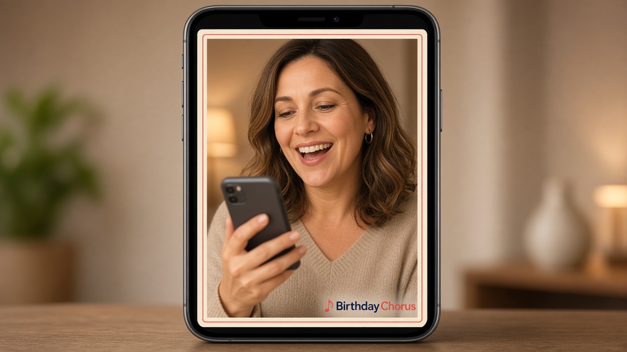 A finished Birthday Chorus gift — one singer in a cream frame, ready to unwrap